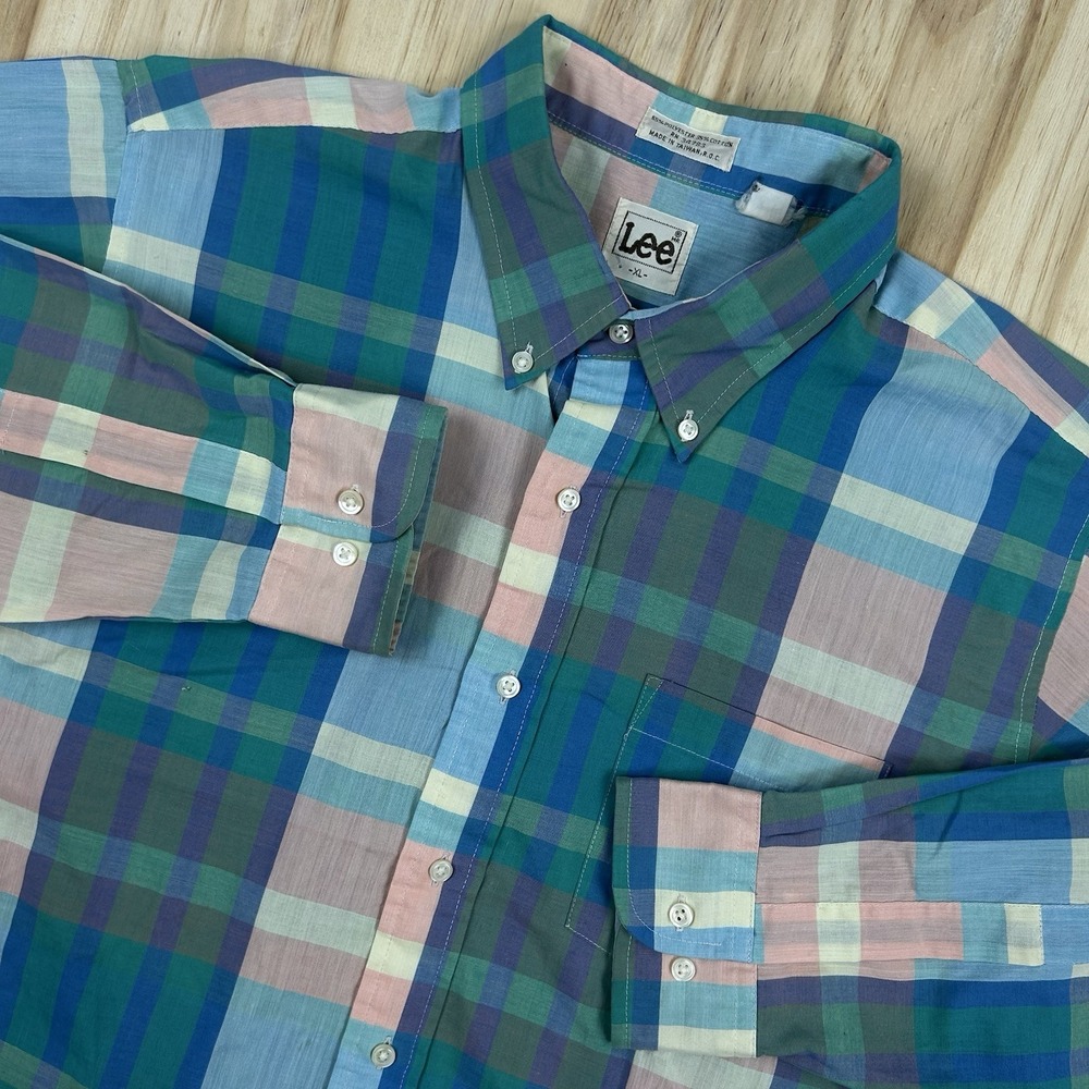 True Vintage Disco Button Shirt Men XL Plaid Pastel 70s USA Long Sleeve Colorful